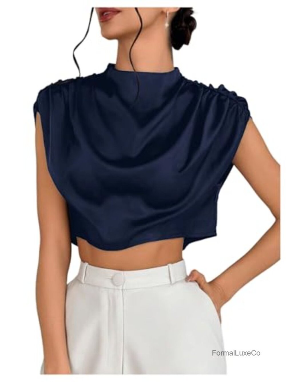Women's Satin Work Blouse Ruched Keyhole Back Cap Sleeve Business Top